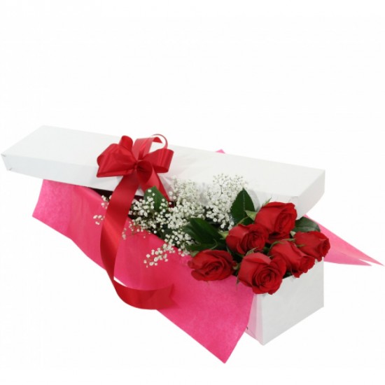 Bouquet of 6 red roses in a box